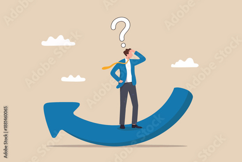 Businessman standing on a blue arrow looking confused with a question mark above his head
