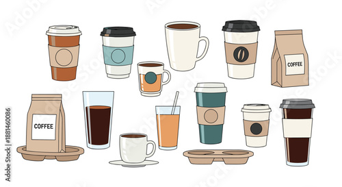 Extensive collection of coffee related icons includes various paper cups, ceramic mugs, glasses, and coffee bean bags in neutral tones.