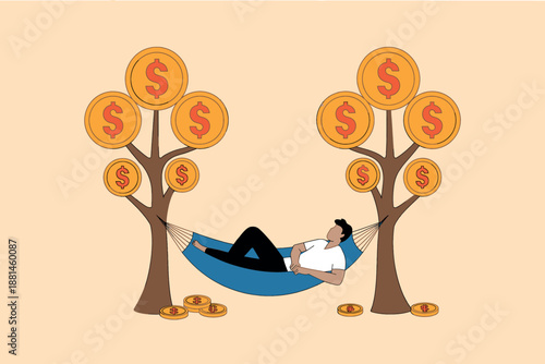 Man relaxing in a hammock under money trees