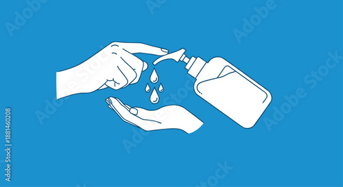 Person applies liquid sanitizer from a bottle onto their palm to maintain cleanliness and prevent infection on a blue background.