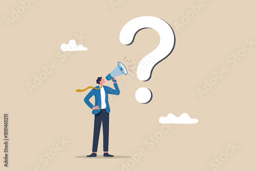 Businessman using megaphone to ask a big question, seeking clarity and solutions