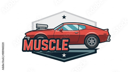 Red Muscle Car Emblem with Supercharger.