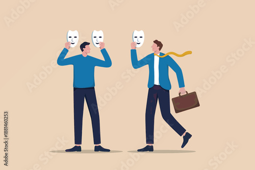 Businessmen grappling with identity and authenticity, selecting masks for various roles and situations