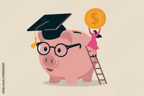 Investing in education: a woman places a dollar coin into a scholarly piggy bank