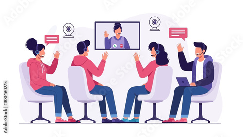 Diverse team collaborating remotely via video conference, digital communication