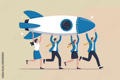 Business team working together carrying a rocket to achieve startup success and innovation