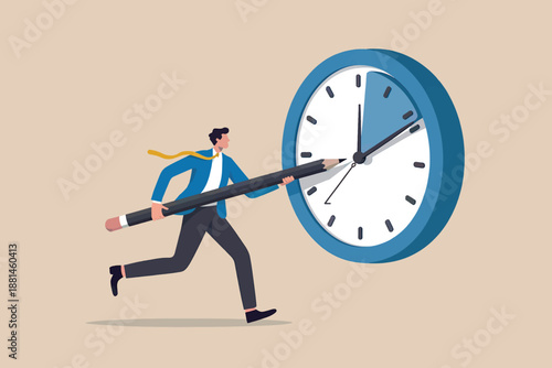 Businessman running with a giant pencil manipulating a clock to meet deadlines