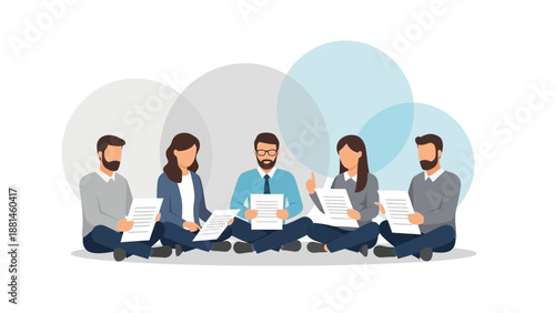 Diverse team discussing documents during a meeting, sitting in a circle.