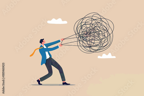 Businessman struggling to untangle a complex knot of problems