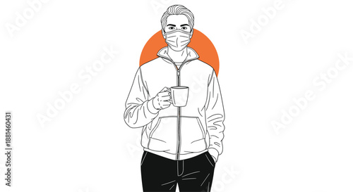 Line art illustration of a man wearing a protective face mask and jacket holding a coffee cup against an orange circular background.