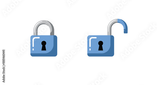 Set of two blue padlocks showing one in a locked position and another in an unlocked position for security and access concepts.