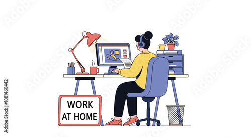 Colorful illustration of a woman wearing headphones and working on a computer at her desk in a well-organized home office space.