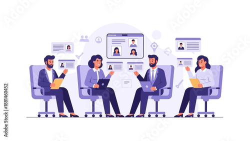 Diverse team in virtual meeting, discussing project on video call with remote colleagues