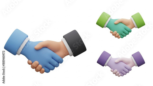 Three 3D cartoon hands shaking hands in agreement.