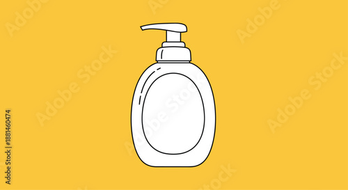 Minimalist line art illustration of a liquid soap or sanitizer pump bottle on a solid yellow background for hygiene concepts.