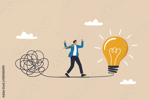 Man escaping tangled mess to reach a bright idea lightbulb