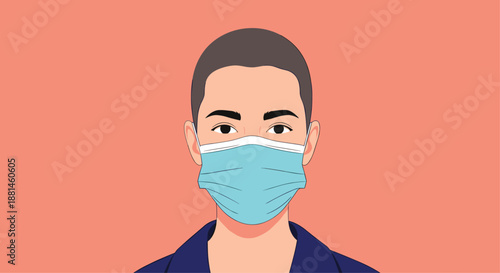 Close-up illustration of a person with short hair wearing a blue protective face mask against a solid peach-colored background.