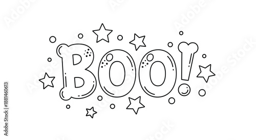 Creative line art of the word boo in bubble letters decorated with stars and dots for halloween coloring and craft projects.
