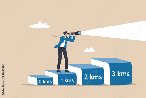 Man using telescope to look into the distance from step-by-step kilometers