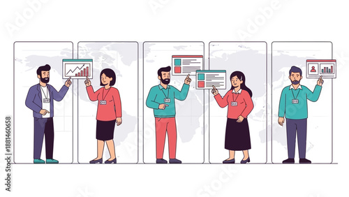 Diverse team presenting data analysis and reports on screens