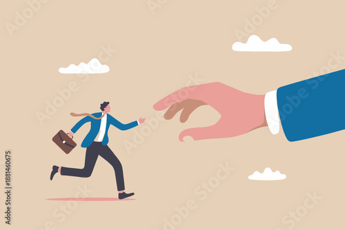 Businessman running from a giant hand reaching out to grab him