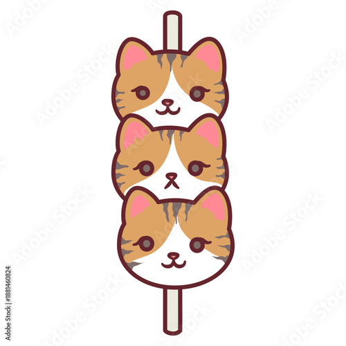 Three calico cat heads stacked on a skewer like Japanese dango dessert
