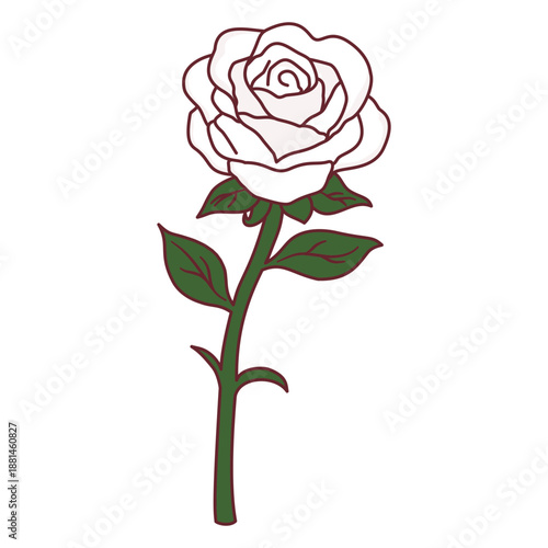 Single white rose with stem and leaves romantic floral gift graphic