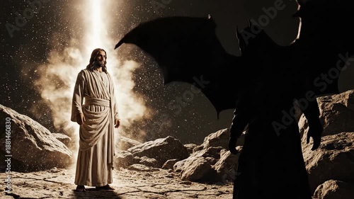 Christ stands with a radiant light, facing a dark figure with wings, a portrayal of good versus evil in a biblical scene