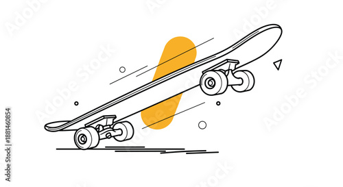 Dynamic line illustration of a skateboard mid air during a trick with a large orange oval shape and small geometric elements for skater lifestyle.