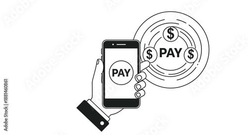 Black and white line art of a hand holding a smartphone showing a pay button next to a target symbol and floating dollar coins for mobile banking.