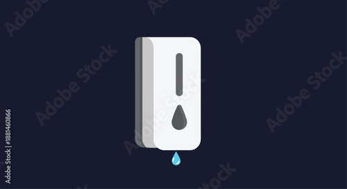 Modern flat icon of an automatic wall mounted hand sanitizer dispenser with a single blue drop illustrating contactless hygiene technology use.