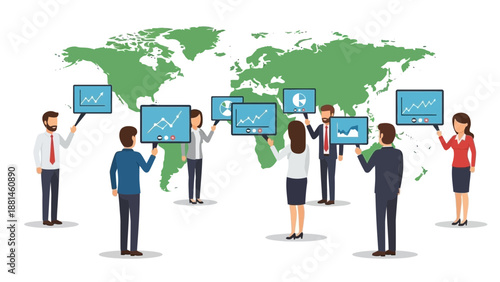 Global Business Team Analyzing Financial Growth Charts on World Map Background