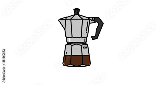 Simple vector drawing of a classic silver moka pot espresso maker with dark coffee visible in the bottom chamber for a morning caffeine fix at home.