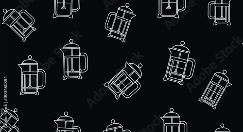 Pattern of white line art French press coffee makers scattered across a solid black background for a modern and minimalist kitchen theme design.