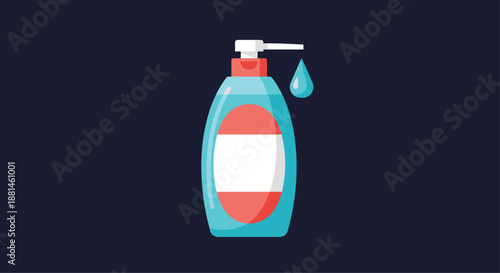 Colorful flat illustration of a plastic dispenser bottle for liquid soap or shampoo with a pump and a blue drop of liquid for personal hygiene.