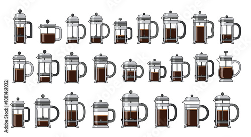 Grid layout showing a vast collection of different French press coffee maker styles and designs for brewing fresh ground coffee at home or in cafes.