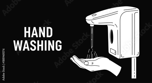 Automatic soap dispenser pouring liquid onto a palm for hygiene purposes with the text hand washing on black background.