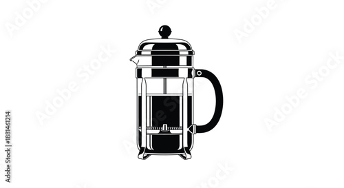 Detailed black and white illustration of a classic french press coffee maker on a plain white background for cafe art.