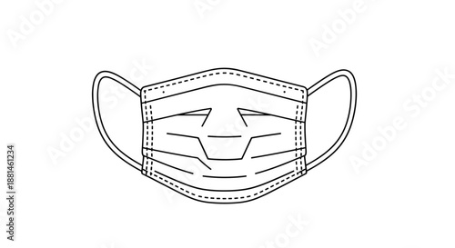 Minimalist line art illustration of a protective medical face mask on a plain white background for health and safety.