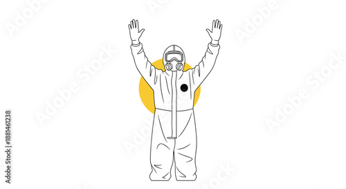 Person in a full white protective hazmat suit with a gas mask raising their hands in front of a yellow sun-like circle.