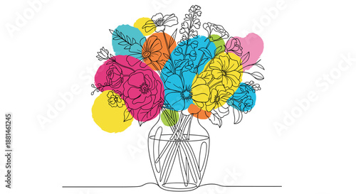 Artistic one line drawing of a floral bouquet in a glass vase with colorful abstract paint splatters for interior decor.
