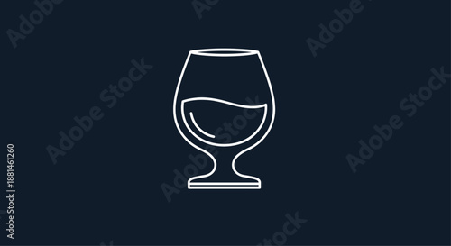 Minimalist line drawing of a glass of amber liquid like brandy or whiskey on a dark background for a sophisticated bar.