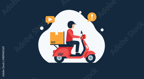 Delivery person wearing a helmet and riding a red scooter with a box on the back for fast food or package destination.
