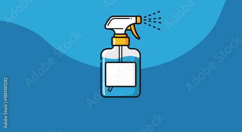 Vector icon of a spray bottle with blue liquid and yellow nozzle against a blue gradient background for household items.