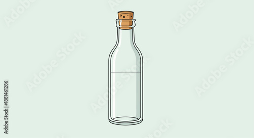 Simple glass bottle filled with a clear liquid and sealed with a brown cork stopper on a light greenish grey backdrop.