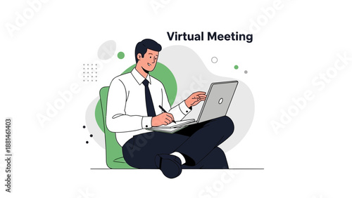 Man Attending Virtual Meeting on Laptop, Remote Work Concept
