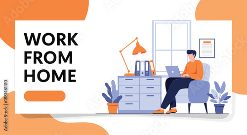 Banner for work from home concept showing a person sitting at a desk with a laptop and various office supplies in room.