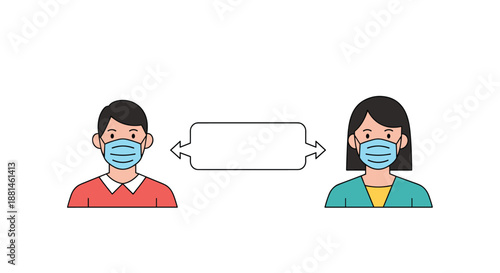 Illustration of a man and a woman wearing face masks and standing at a distance with a blank sign between them for info.
