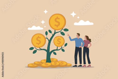 Couple envisioning wealth growth and successful investment strategy with a vibrant money tree