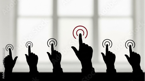 Silhouette hands pointing to glowing circles on a bright background.